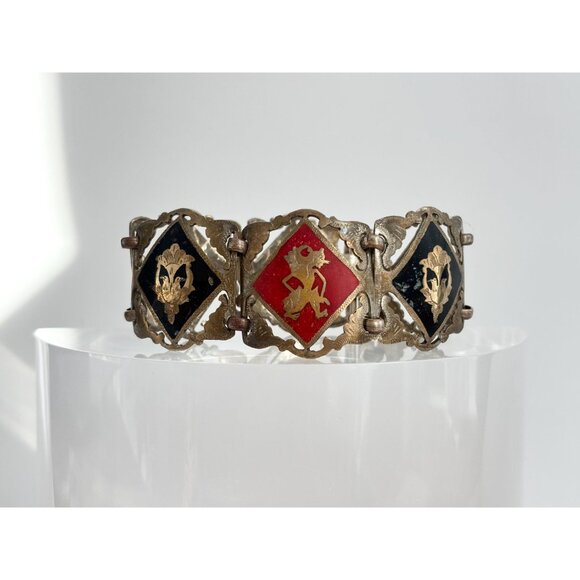 Silver Toned Multicolored Paneled Family Crest Sterling Silver Vintage Bracelet - Picture 2 of 10